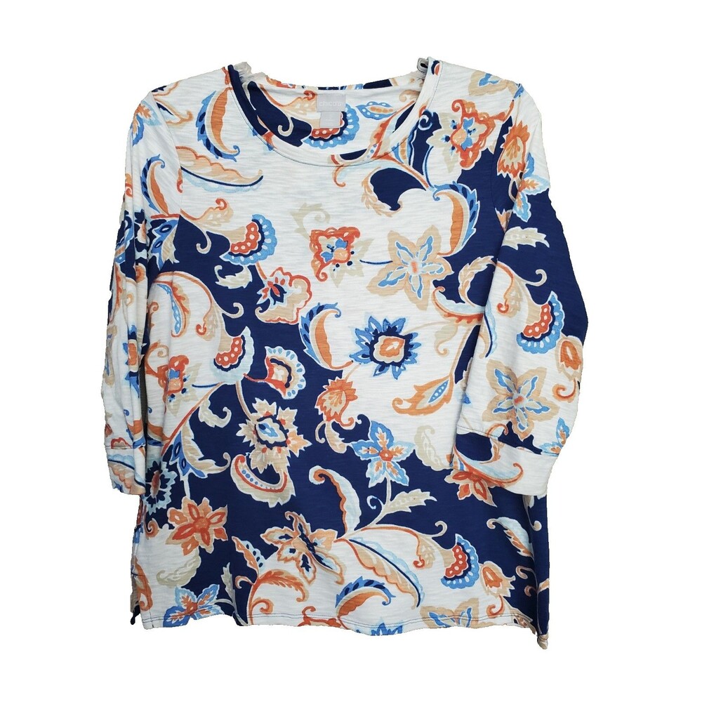 Chico's Slub Knit Blue & White Floral Paisley Button-Back 3/4 Sleeve Top 2 (LGE)